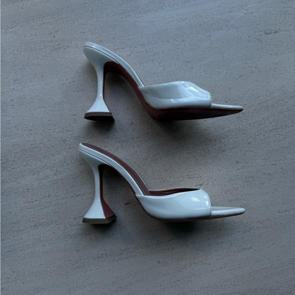 Amina Muaddi White Pointed Heel Patent Leather Mules Sandal Block Heels Wedding - Picture 6 of 12